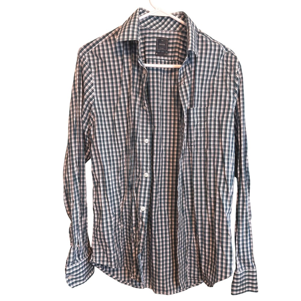 Gap Mens Non-Iron Plaid Button Down Shirt Green Navy Blue‎ Check Medium RN54023